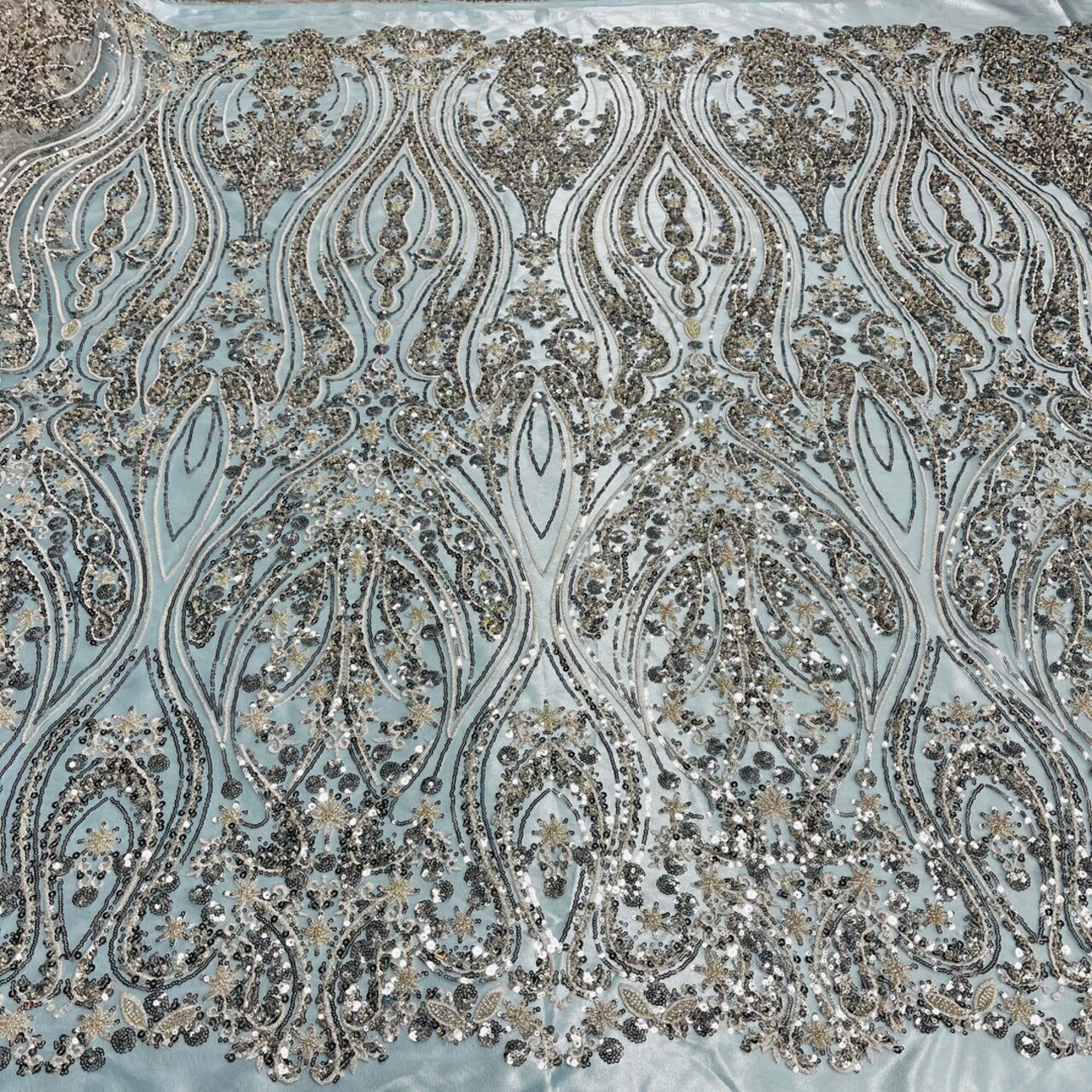 1 Yard Beaded Lace Fabric on 100% Polyester Net Mesh, Embroidered Lace Fabric, 54" Wide, Elegant Textile for Dressmaking & Crafts